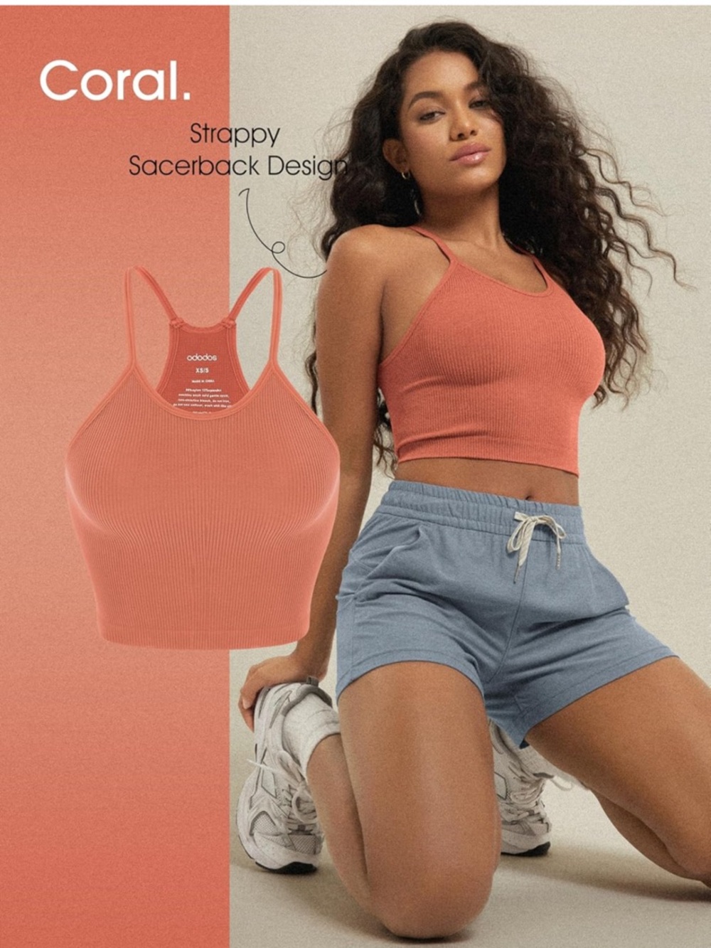 Women’s Ribbed racerback Halter Crop Tank - 2-Pack (Teal, Coral) Size M/L ododos - Picture 3 of 7